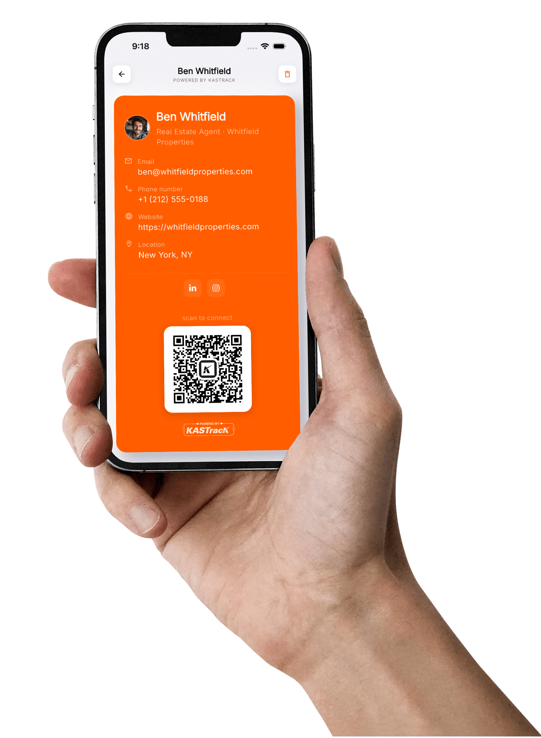 The KAScard app showing a digital business card rolodex