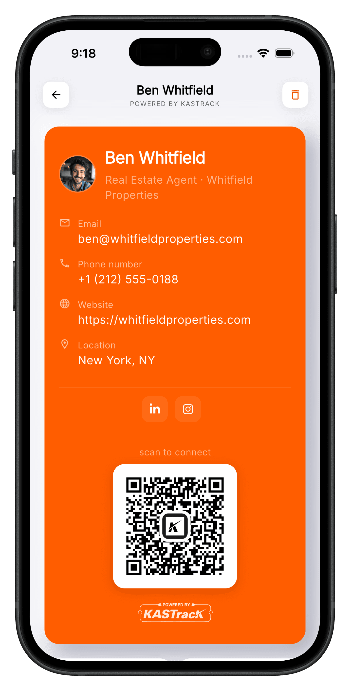 The KAScard app showing a digital business card rolodex